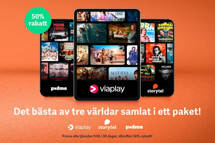 Prova Viaplay, Storytel och Podme gratis i 30 dagar, därefter 50% rabatt livet ut