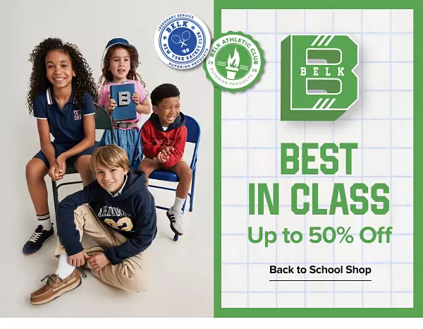 Best in class. Up to 50% off. Shop the back to school shop. A group of kids with school supplies and clothes.