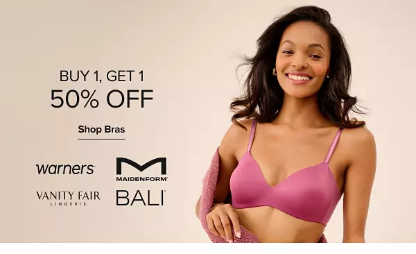 Image of a woman in a pink bra. Buy 1, get 1 50% off. Shop bras. Warner's®, Maidenform®, Vanity Fair Lingerie & Bali® logos.