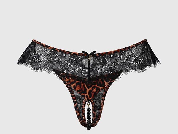 Raven Leopard And Lace Crotchless Pearl Thong