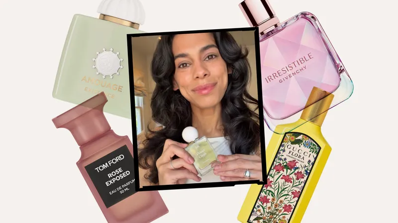 A collage of an Allure editor holding a Liis perfume bottle alongside other product silos on a light gray background
