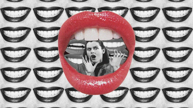 A collage of a woman with an expression of horror movie fright, inside a mouth with straight, white teeth
