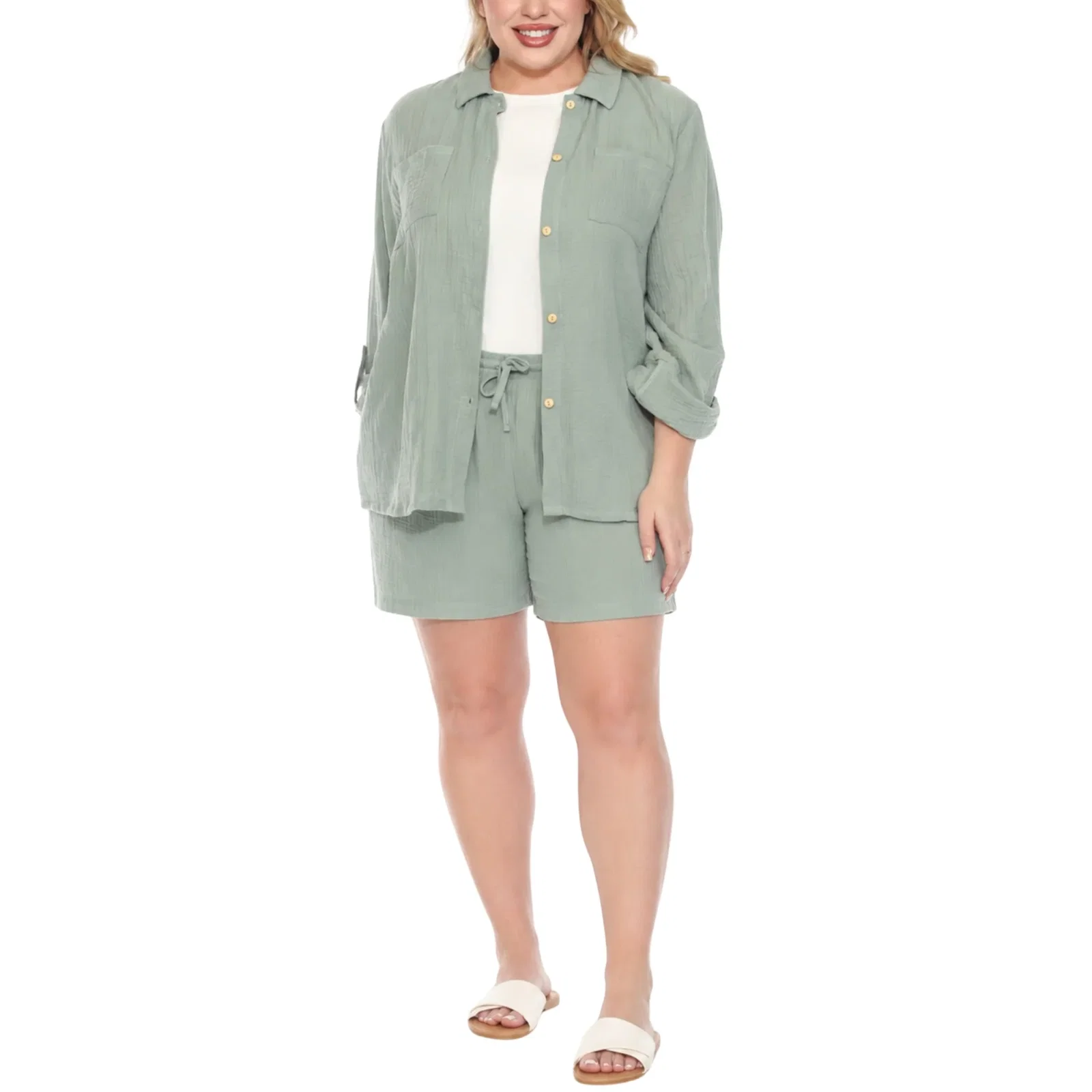 Image of Plus Size Gauze Button-Front Shirt & Shorts Set - Olive - Plus