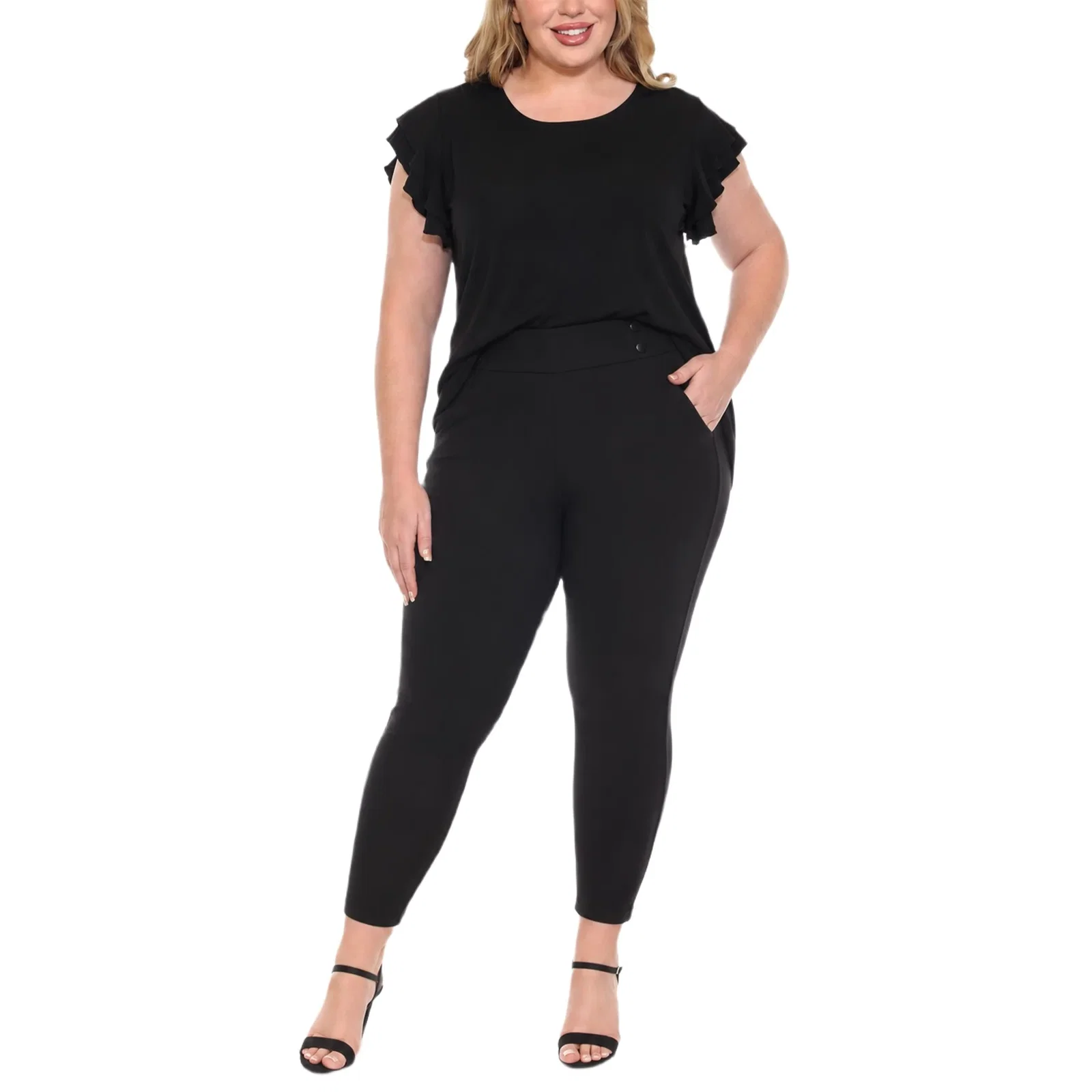 Image of Plus Size Flutter Sleeve Top and Scuba Pants Set - Black - Plus