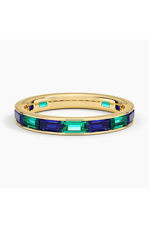 14K Yellow Gold Channel Set Baguette Lab Sapphire and Lab Emerald Ring