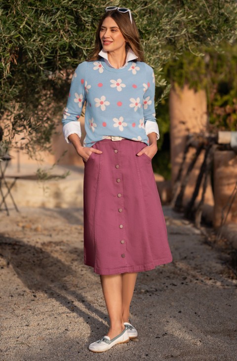 Ladies Button Through Stretch Denim Skirt