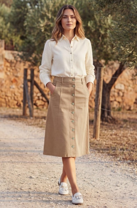 Ladies Button Through Stretch Denim Skirt