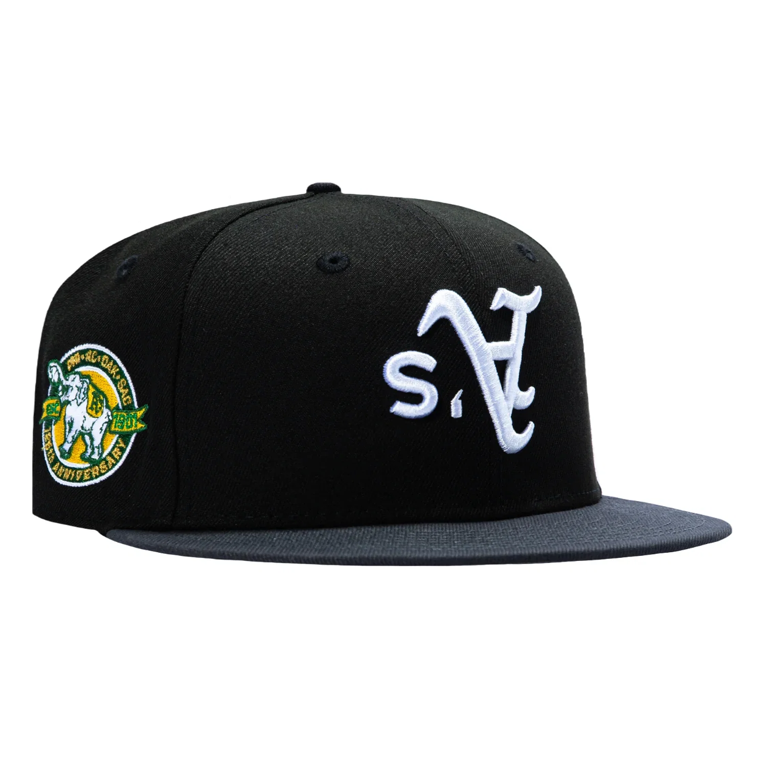 Image of New Era 59Fifty Oakland Athletics 125th Anniversary Patch Upside Down Hat - Black, Graphite