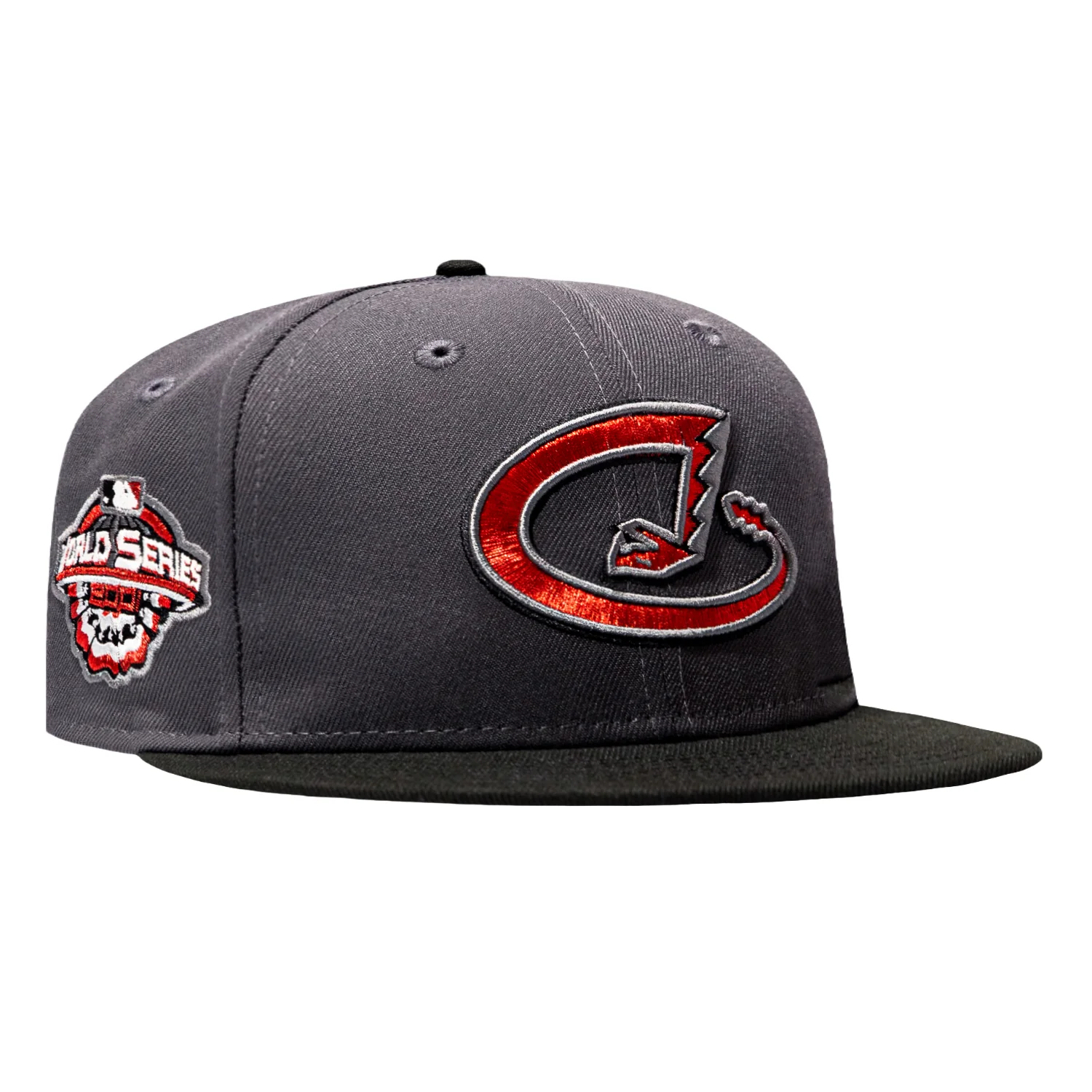 Image of New Era 59Fifty Arizona Diamondbacks 2001 World Series Patch Upside Down D Hat - Graphite, Black, Red