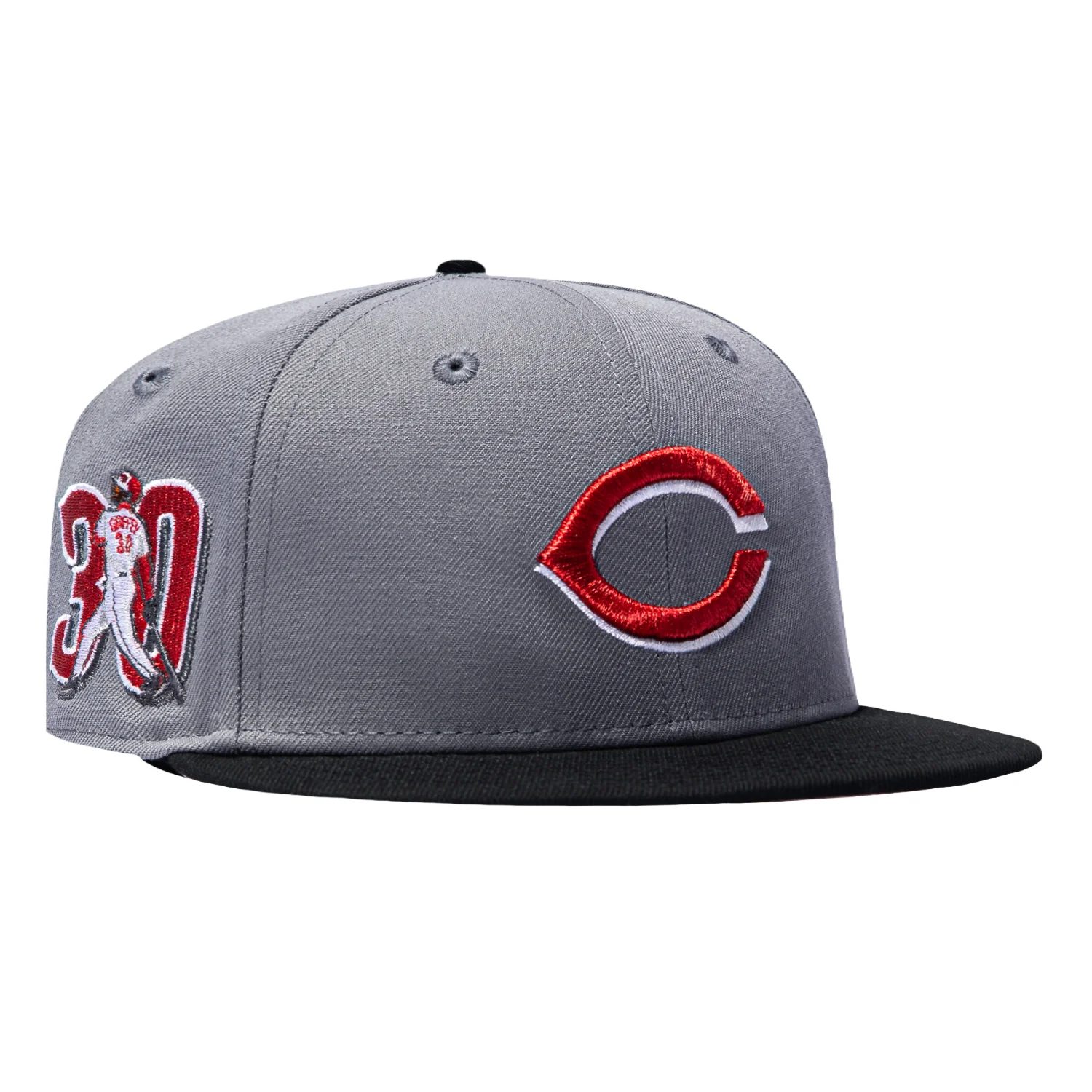 Image of New Era 59Fifty Cincinnati Reds Ken Griffey Jr 30 Patch Pink UV Hat - Storm Grey, Black, Red