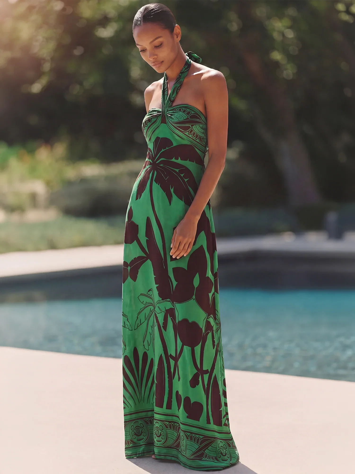 Image of Sleeveless Halter Neck Tropical Knit Maxi Sun Dress