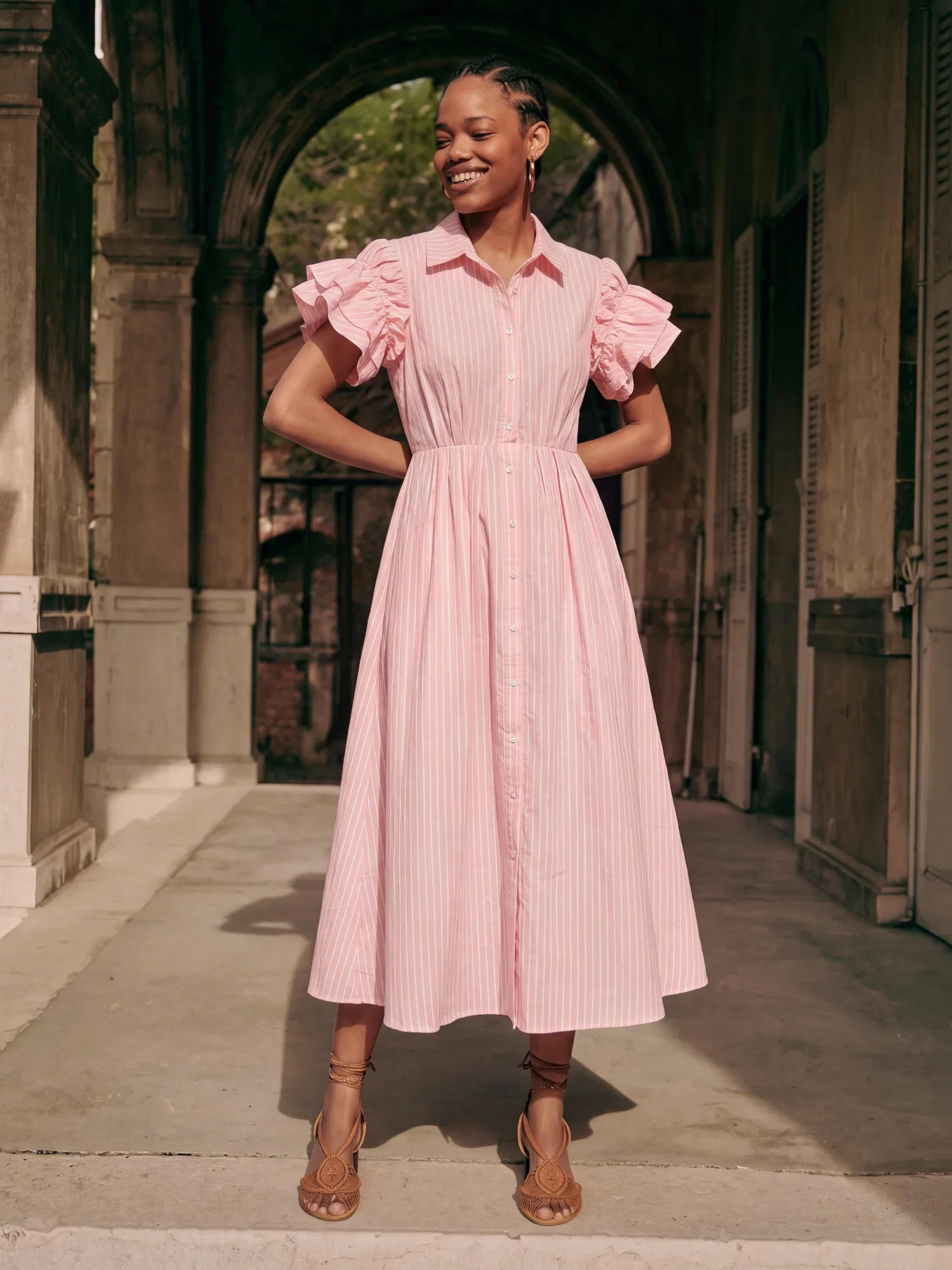Image of Shortsleeves Ruffle Sleeve Shirt Midi Dress