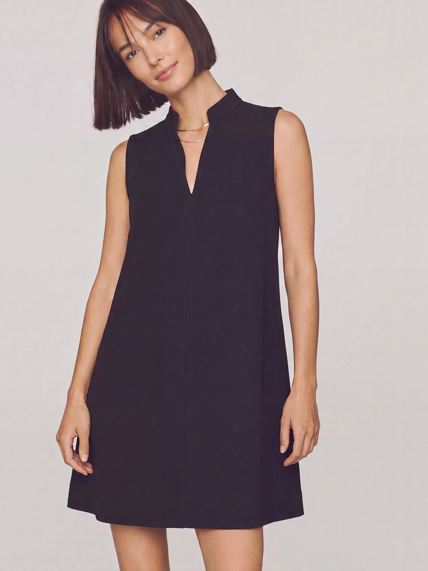 Image of Stand Collar Slit V-Neck Sleeveless Mini Shirt Dress