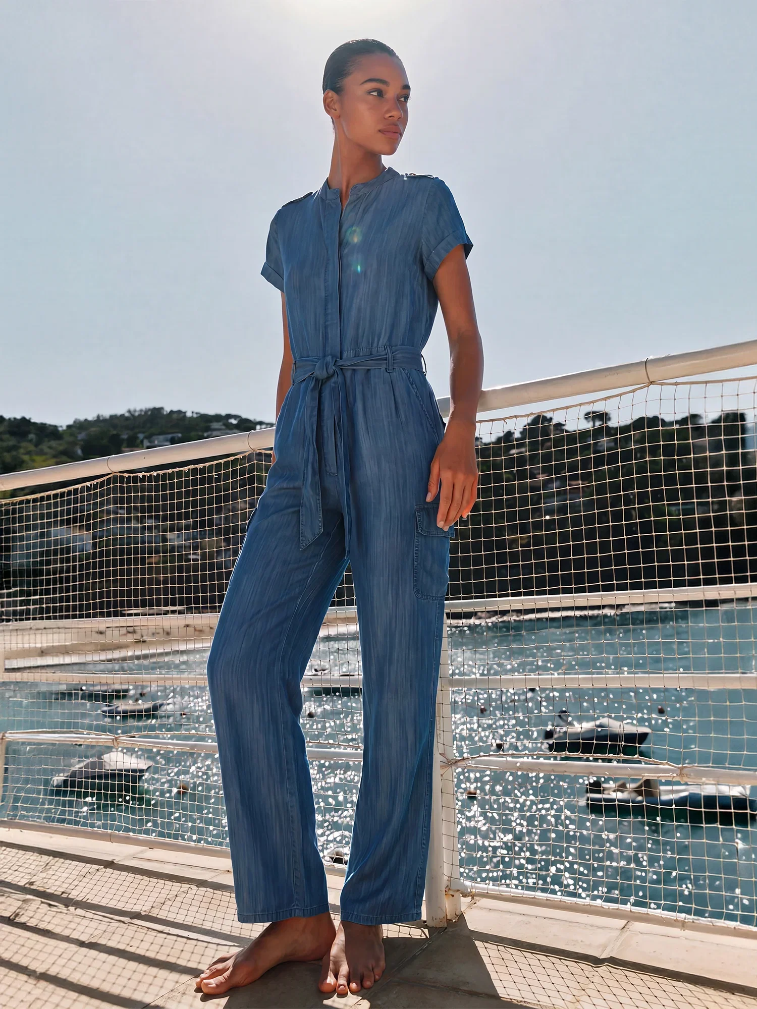 Image of Short Sleeves Mandarin Collar Tencel Jumpsuit