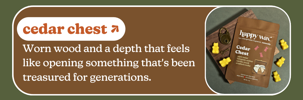 cedar chest: Worn wood and a depth that feels like opening something that's been treasured for generations.