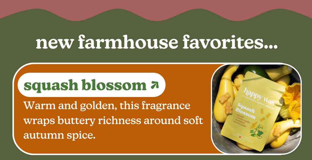 new farmhouse favorites... squash blossom:Warm and golden, this fragrance wraps buttery richness around soft autumn spice. 