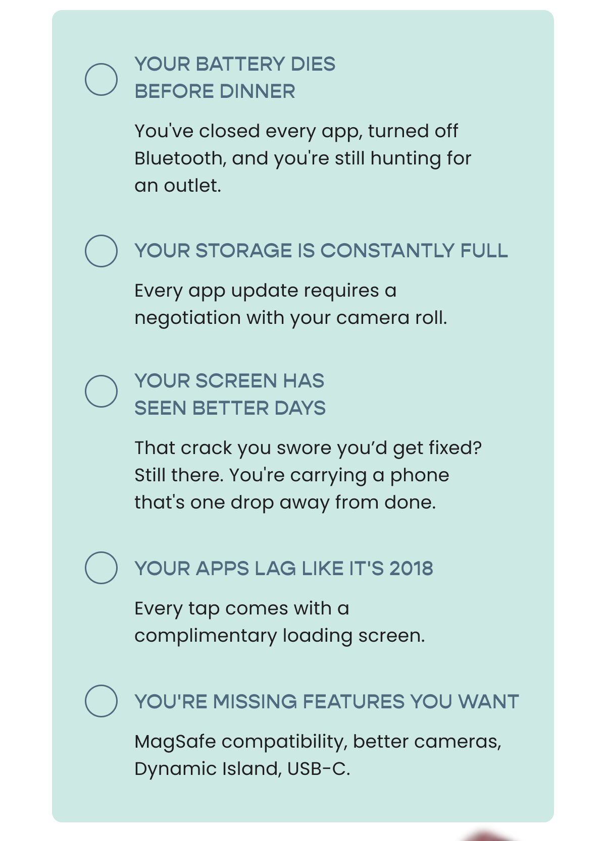 1. Your Battery Dies Before Dinner | 2. Your Storage Is Constantly Full | 3. Your Screen Has Seen Better Days | 4. Your Apps Lag Like It's 2018 | 5. You're Missing Features You Want