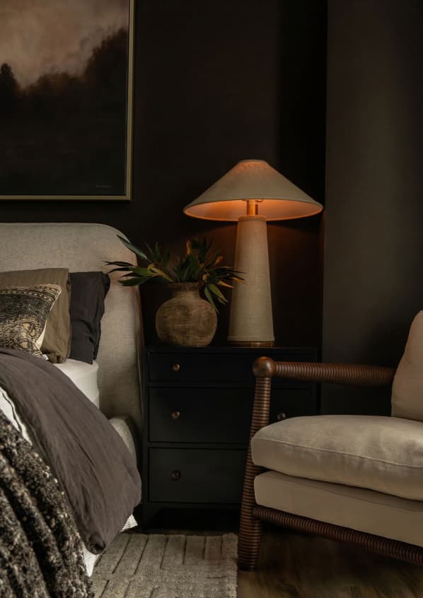 Moody bedroom featuring paint color Coffee Date