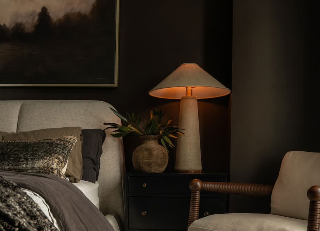 Moody bedroom featuring paint color Coffee Date