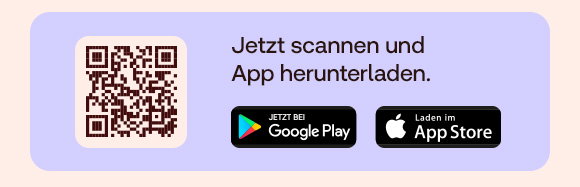 Links ein QR-Code zum Scannen mit dem Smartphone. Rechts steht: „Jetzt scannen und App herunterladen.“ Darunter zwei App-Store-Buttons: „JETZT BEI Google Play“ und „Laden im App Store“.