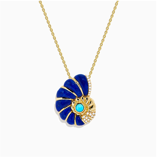 Seaside 14K Gold Lapis Lazuli, Turquoise, and Diamond Nautilus Shell Pendant