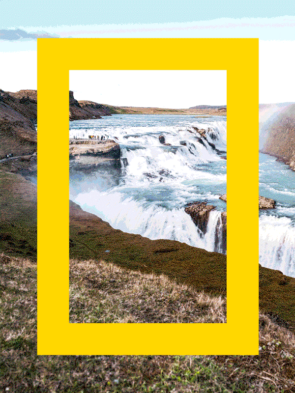 A carousel of 3 images, each with the yellow National Geographic border that frames: a scenic view of the Gullfoss Waterfall Plunge in Iceland, a close up of a Kenyan elephant, and the rolling tea plantations of Nuwara Eliya, Sri Lanka
