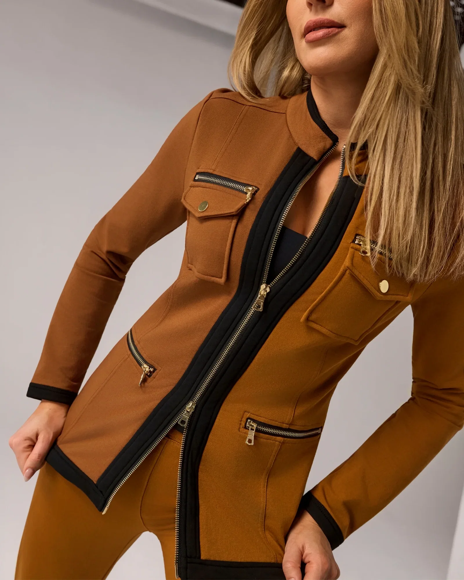 Image of Chic Zippered Sport Coordinate Set Tortoise Shell