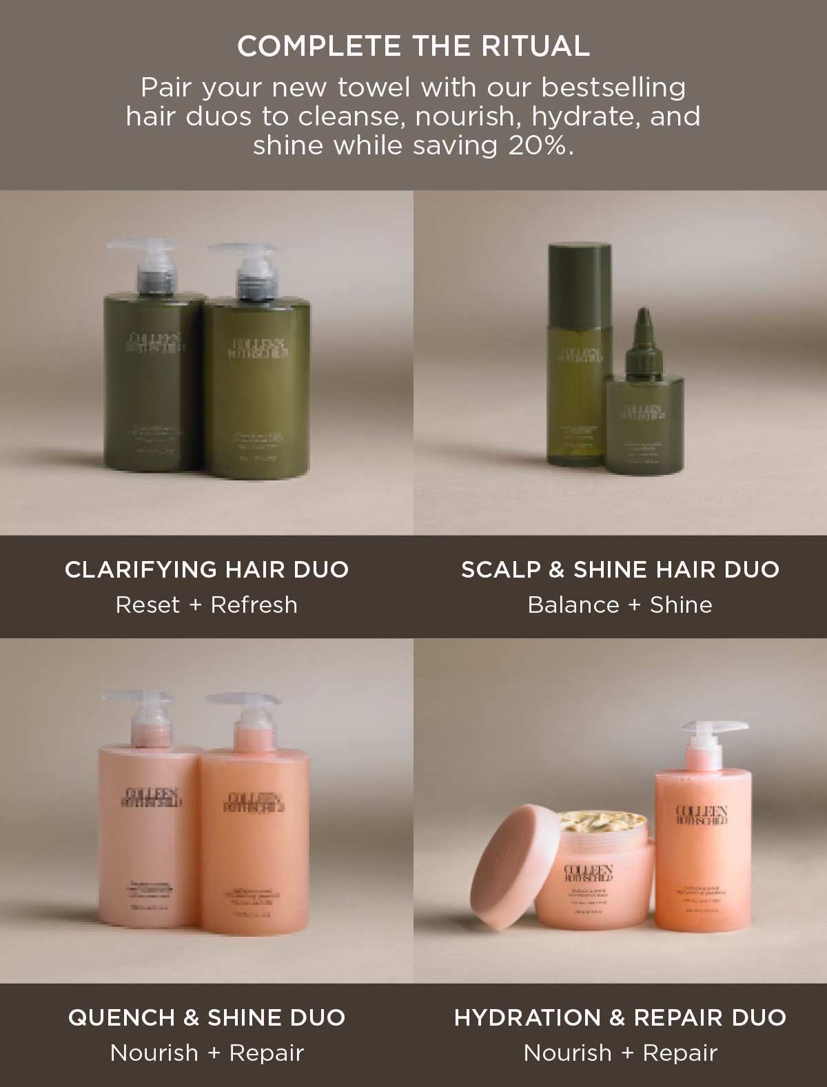 Complete your wash day routine with the Colleen Rothschild Beauty Quick-Dry Hair Towel and bestselling hair duos. Crafted from soft, absorbent waffle-knit microfiber, the Quick-Dry Hair Towel helps remove excess moisture while minimizing friction for smoother, healthier-looking hair. Pair it with Colleen Rothschild Beauty hair duos to cleanse, nourish, hydrate, strengthen, and add shine for healthier-looking hair from root to tip. Choose from the Clarifying Hair Duo, Scalp & Shine Hair Duo, Quench & Shine Duo, or Hydration & Repair Duo to build a complete haircare routine while saving 20% on bundled favorites.