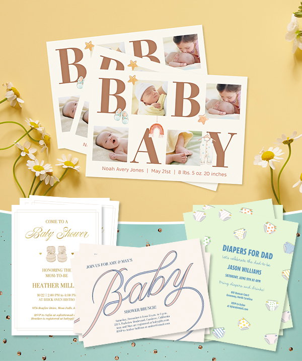 Baby shower invites and announcements.