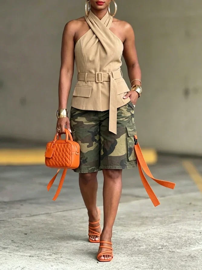 Urban Solid Tailored Cross Halter Neck Blouse