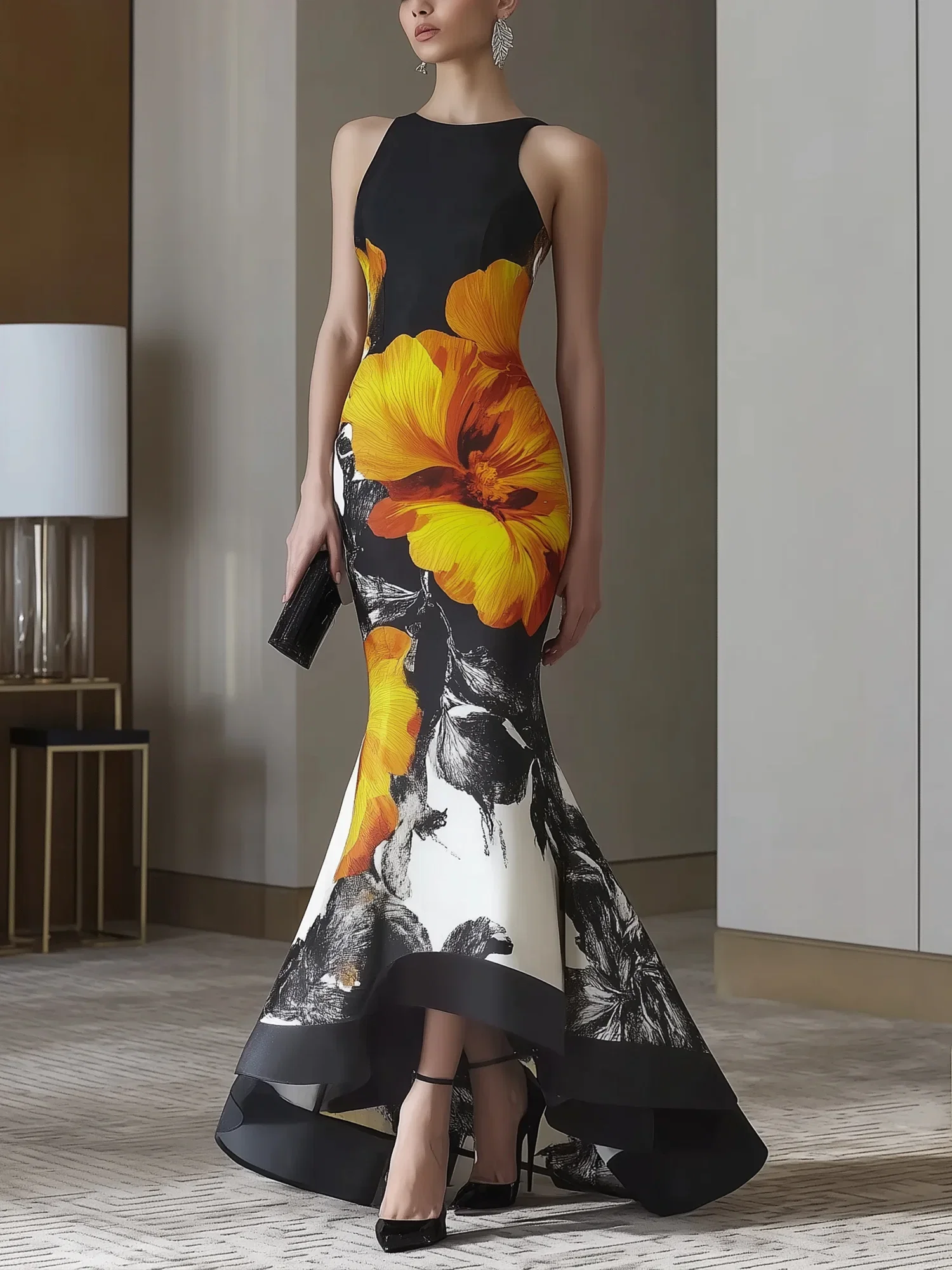 Elegant Floral Printing Crew Neck Maxi Party Dress