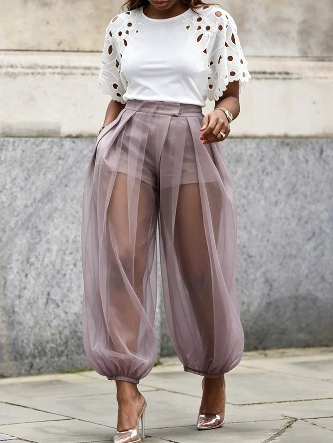 Casual Solid Relaxed Sheer Balloon Pants