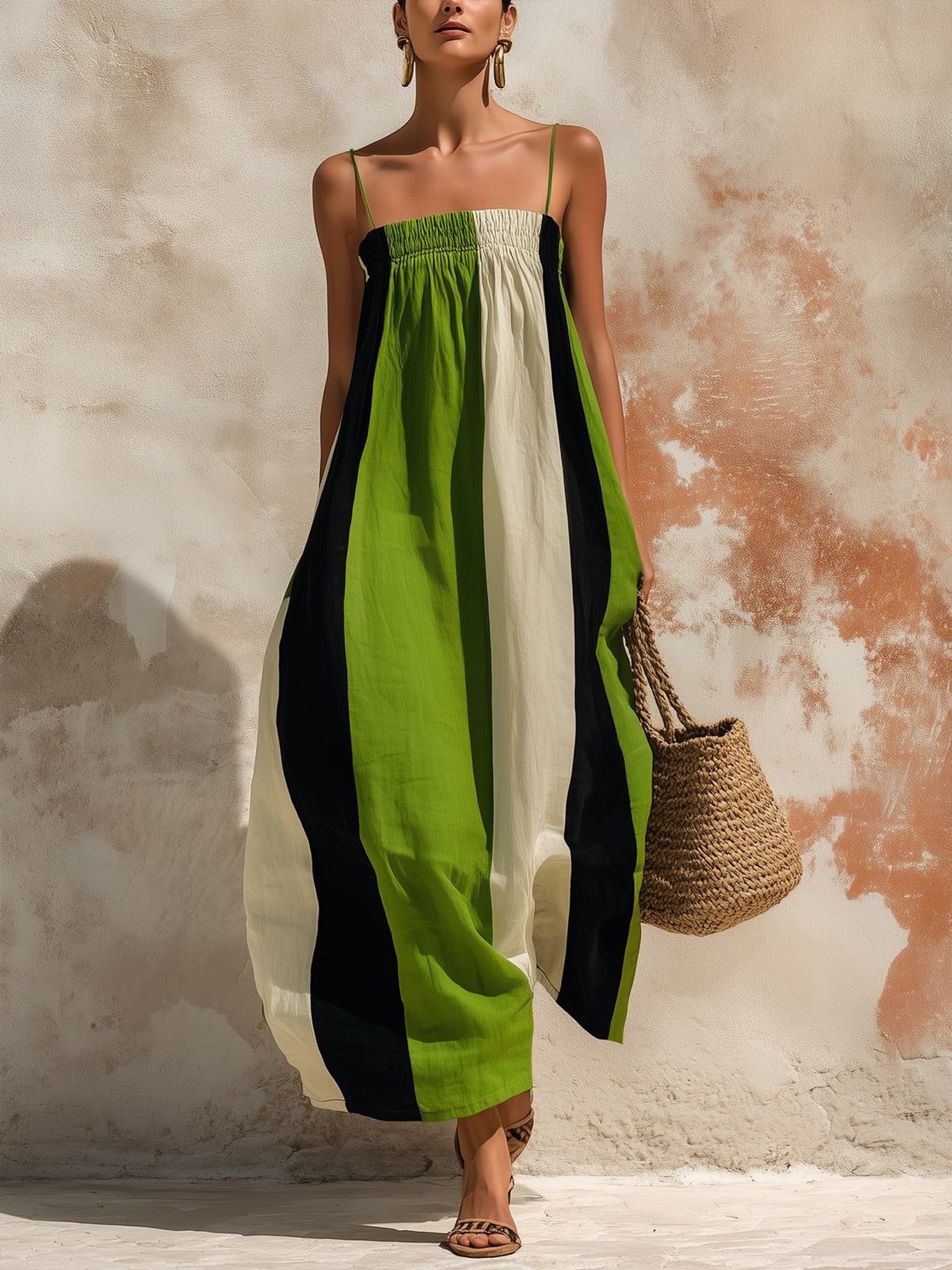 Casual Color Block Printing Spaghetti Maxi Dress