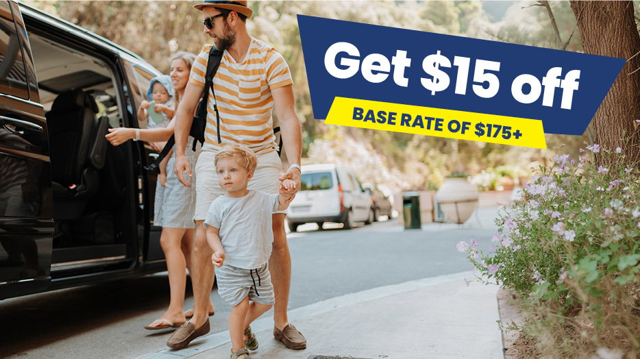 Get $15 off base rate of 175+. Family getting out of a rental vehicle.