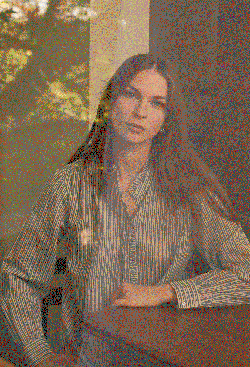 Gif of model wearing Isabela Dress in Bluegrass.