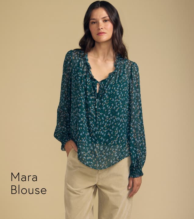 Image of model wearing Mara in Bluegrass.