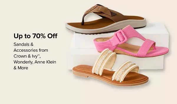 Up to 70% off sandals and accessories from Crown and Ivy, Wonderly, Anne Klein and more. Shop now. Various pairs of sandals.