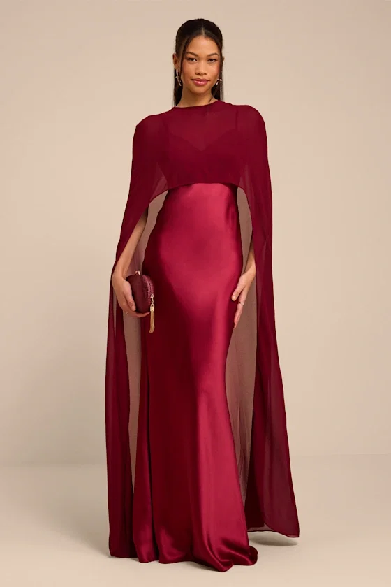 Image of Cavana Burgundy Satin Cape Maxi Dress