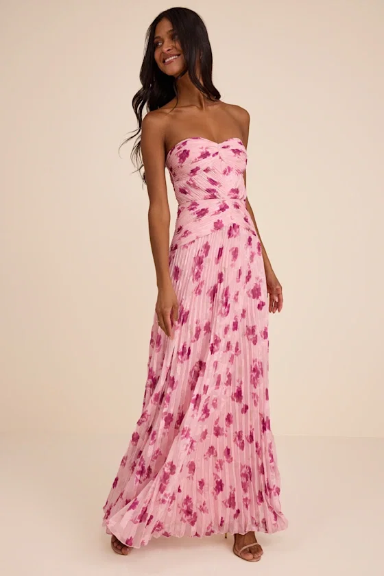 Image of Marlene Light Pink Floral Pleated Drop Waist Maxi Dress