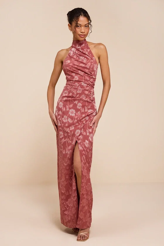 Image of Felicia Rusty Rose Floral Burnout Column Maxi Dress