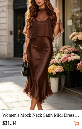 Women s Mock Neck Satin Midi Dress...