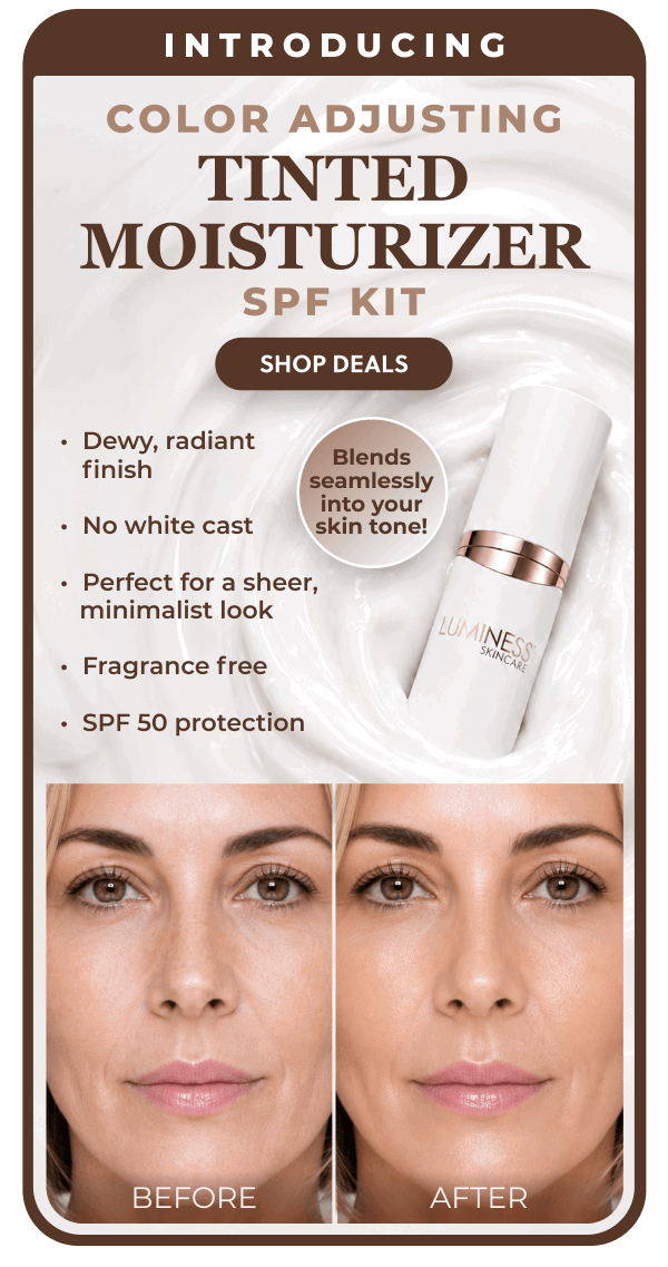 INTRODUCING COLOR ADJUSTING TINTED MOISTURIZER SPF KIT: Dewy, radiant finish. No white cast. Perfect for sheer, minimalist look. Fragrance free. SPF 50 protection.