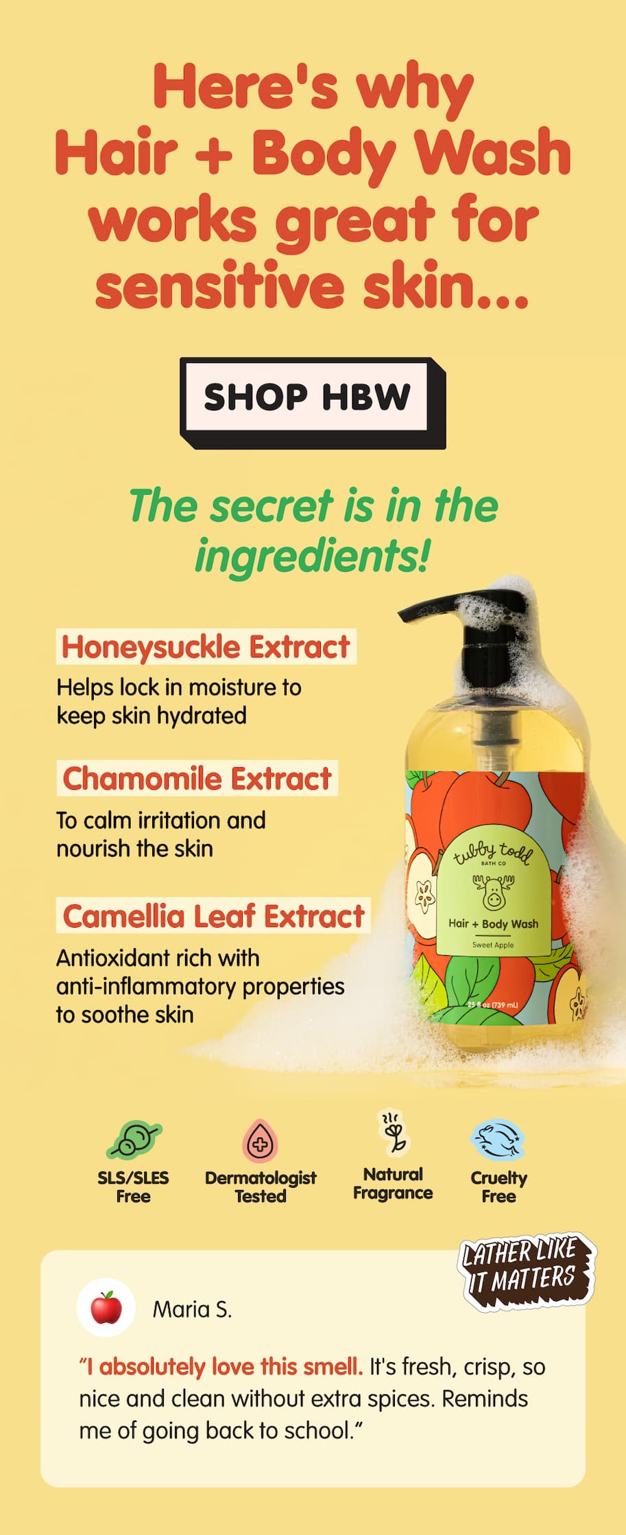 Sweet Apple Hair + Body Wash with key soothing ingredients for sensitive skin, plus product benefits and a customer review.