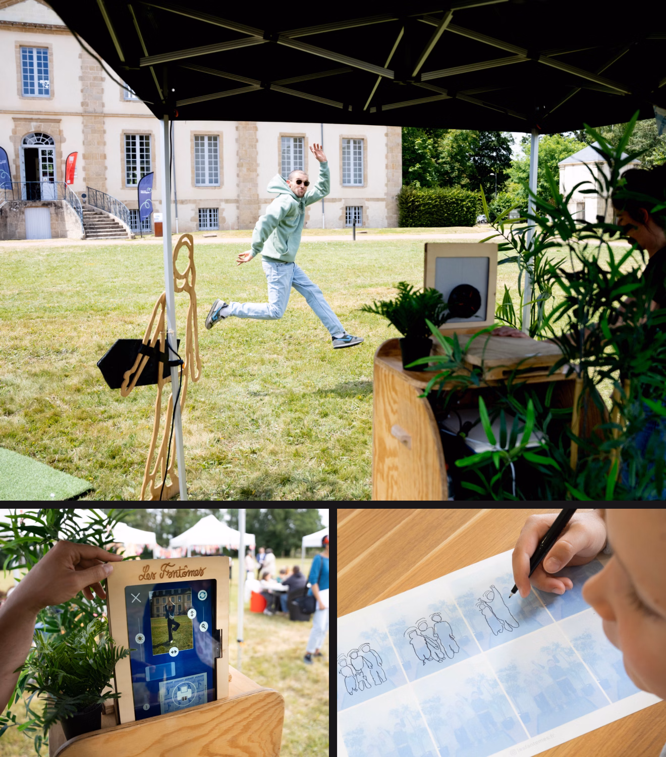 Three images showing an interactive outdoor photo booth experience at an event. A person jumps and poses in front of a historic building while being captured by a camera setup under a canopy. A tablet displays the captured image with editing controls, and a participant uses a pen to customize a printed photo strip with illustrated drawings.