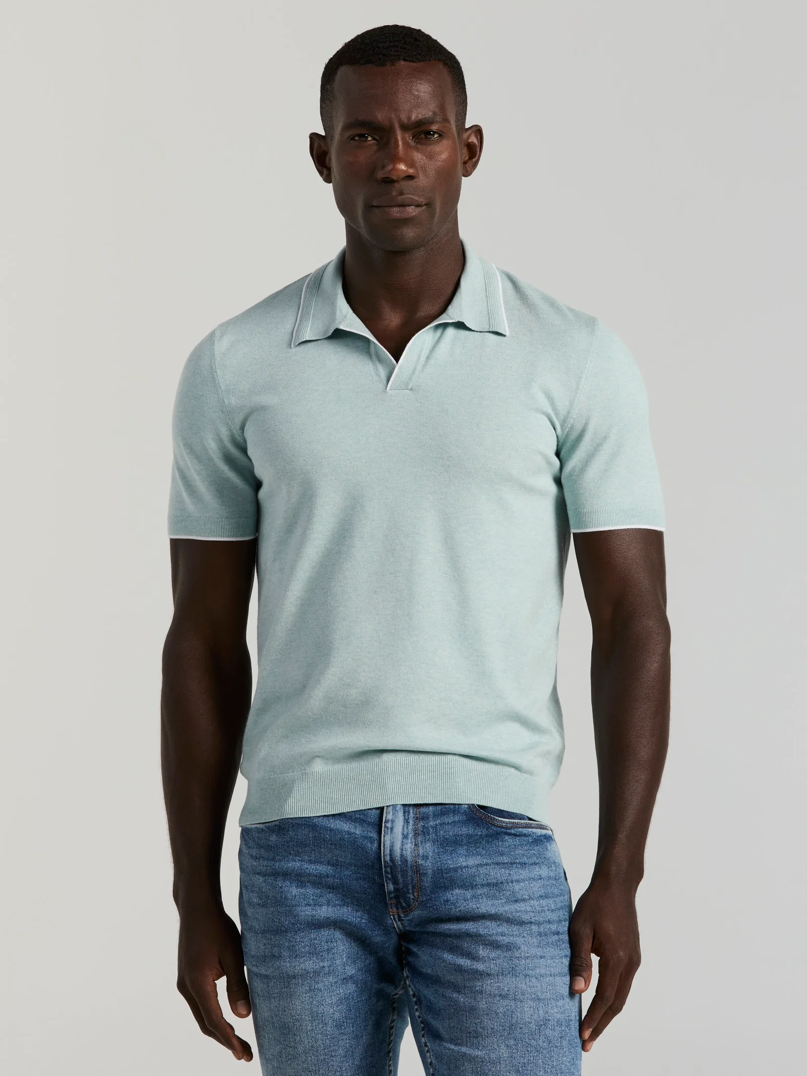 Image of Tech Knit Open Collar Tipped Sweater Polo