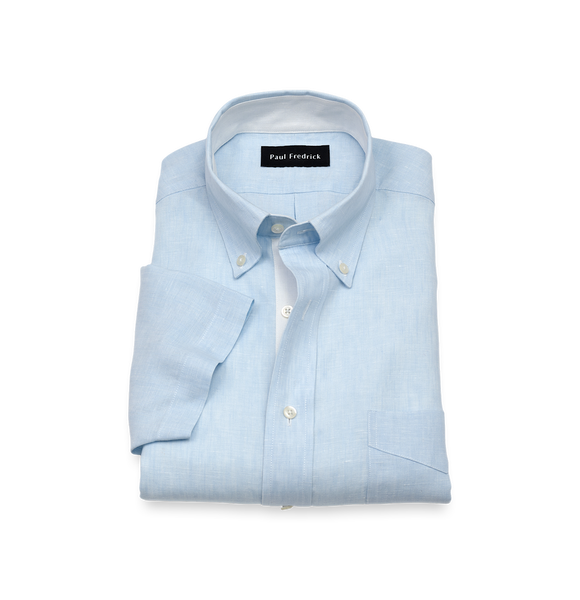 Non-Iron Linen Solid Short Sleeve Dress Shirt With Contrast Trim - Light Blue-Classic Fit / 17.5