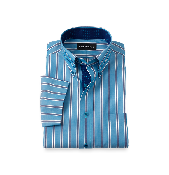 Non-Iron Cotton Stripe Short Sleeve Dress Shirt With Contrast Trim - Teal-Classic Fit / 15.5