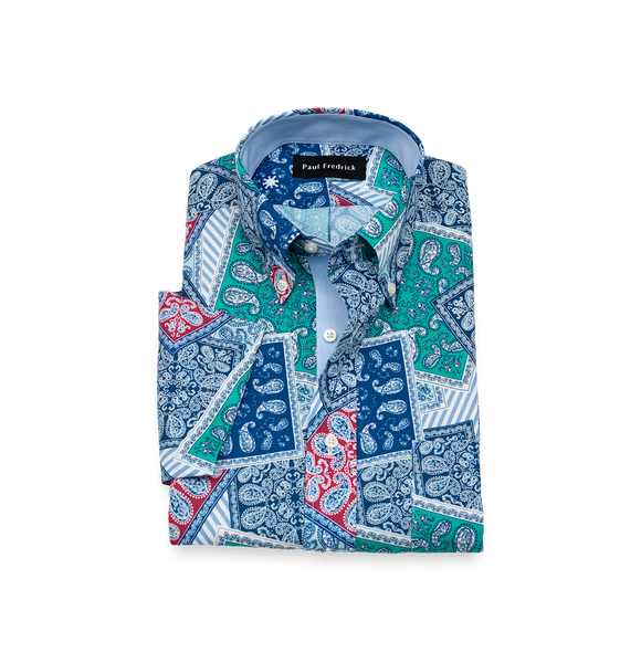 Non-Iron Cotton Bandana Short Sleeve Dress Shirt With Contrast Trim - Blue Multi-Classic Fit / 17.5