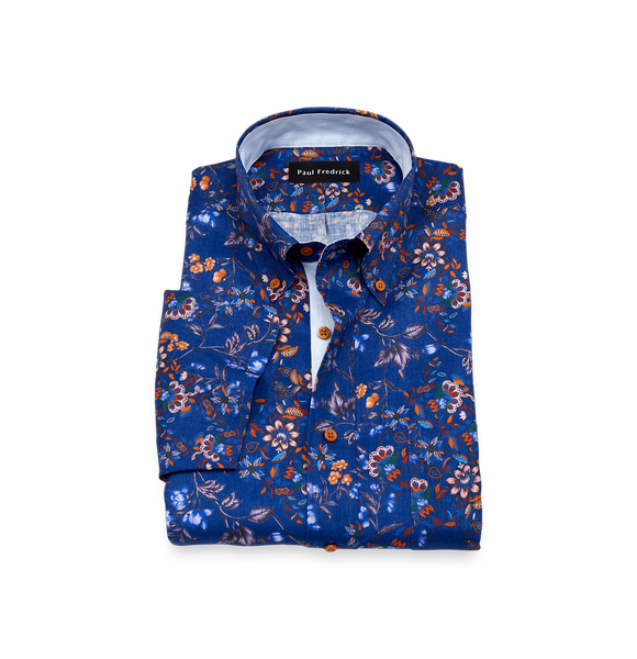 Non-Iron Linen Floral Short Sleeve Dress Shirt With Contrast Trim - Cobalt-Classic Fit / 17.5