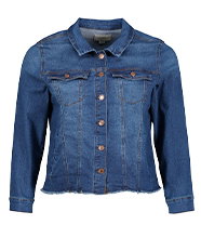 Front-facing blue denim jacket with button fastening, chest pockets, and collar detail, displayed against a plain light background.